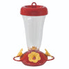 Red and yellow plastic hummingbird feeder with clear fluted reservoir and three flower-shaped feeding port