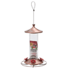 Tulip Top Feeder metal hummingbird feeder with copper top, clear tube, and red flower ports