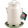 Milk Pail Hopper Bird Feeder – white metal milk canister-style feeder with 6 feeding ports and green seed tray